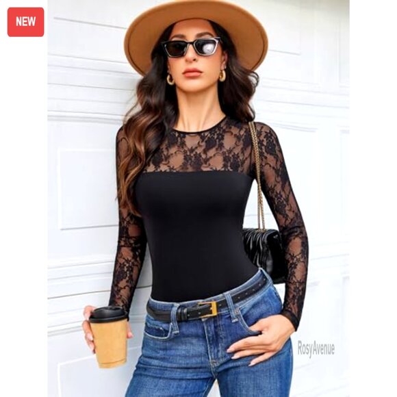 Long Sleeve Lace Bodysuit, Slimming Crew Neck, Thong Back, Snap Closure - Picture 4 of 7